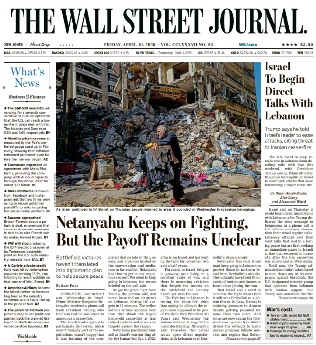 Israel To Begin Direct Talks With Lebanon | The Wall Street Journal -- Fri., April 10, 2026