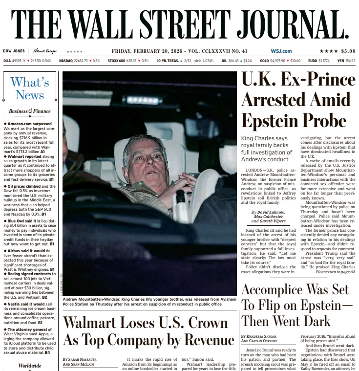 U.K. Ex-Prince Arrested Amid Epstein Probe | The Wall Street Journal -- Fri., February 20, 2026