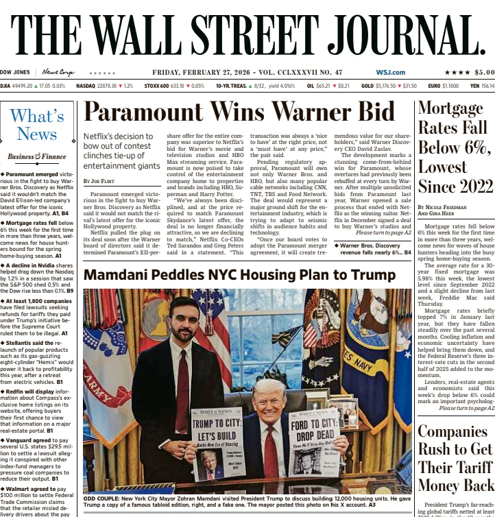 Mortgage Rates Fall Below 6%, Lowest Since 2022 | The Wall Street Journal -- Fri., February 27, 2026