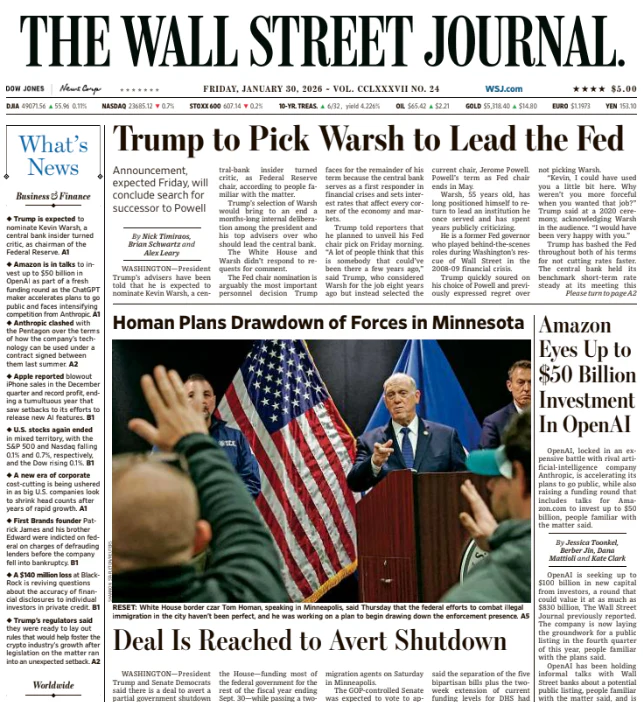 Trump to Pick Warsh to Lead the Fed | The Wall Street Journal -- Fri., January 30, 2026