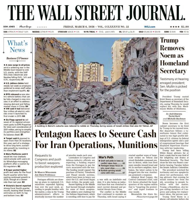 Trump Removes Noem as Homeland Secretary | The Wall Street Journal -- Fri., March 06, 2026