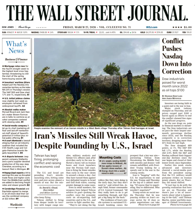 Conflict Pushes Nasdaq Down Into Correction | The Wall Street Journal -- Fri., March 27, 2026