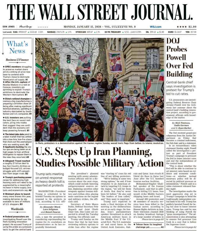 DOJ Probes Powell Over Fed Building | The Wall Street Journal -- Mon., January 12, 2026
