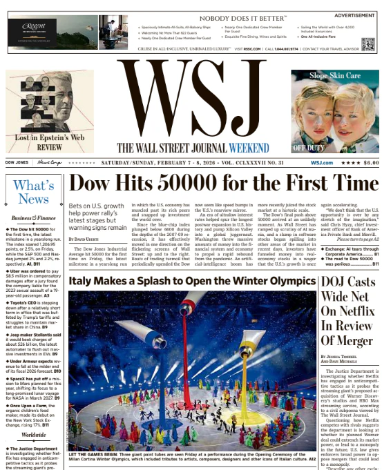 Dow Hits 50000 for the First Time | The Wall Street Journal -- Sat./Sun., February 07/08, 2026