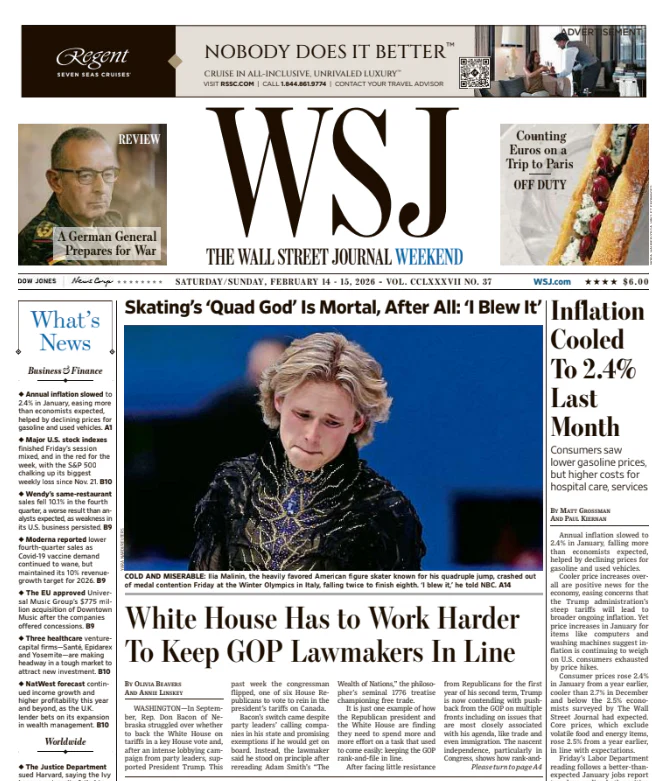 Inflation Cooled To 2.4% Last Month | The Wall Street Journal -- Sat./Sun., February 14/15, 2026