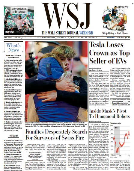 Tesla Loses Crown as Top Seller of EVs | The Wall Street Journal -- Sat./Sun., January 03/04, 2026