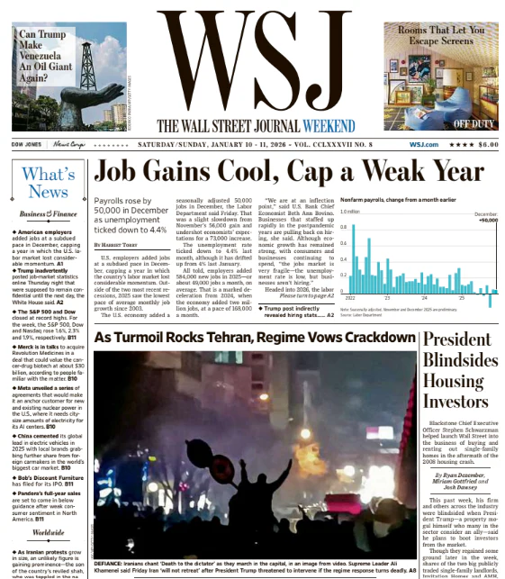 Job Gains Cool, Cap a Weak Year | The Wall Street Journal -- Sat./Sun., January 10/11, 2026