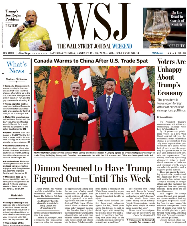 Voters Are Unhappy About Trump’s Economy  | The Wall Street Journal -- Sat./Sun., January 17/18, 2026