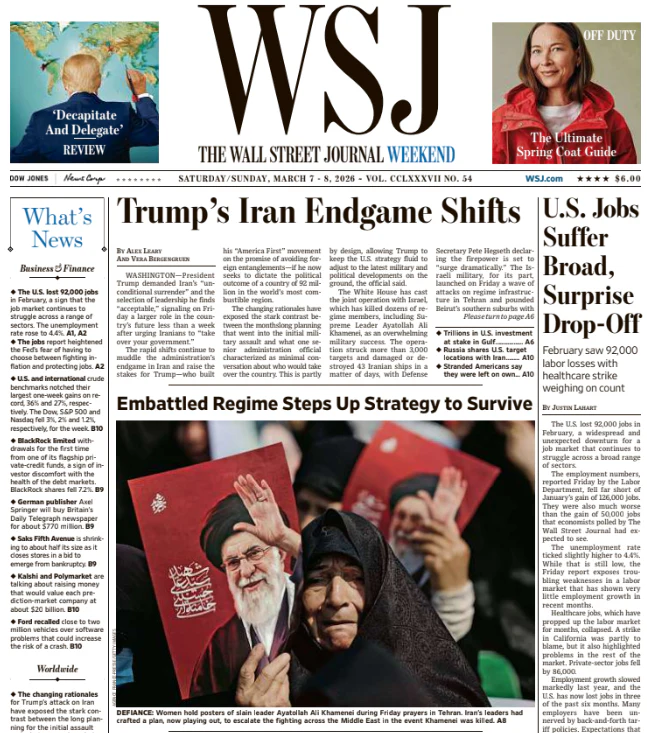 U.S. Jobs Suffer Broad, Surprise Drop-Off | The Wall Street Journal -- Sat./Sun., March 07/08, 2026