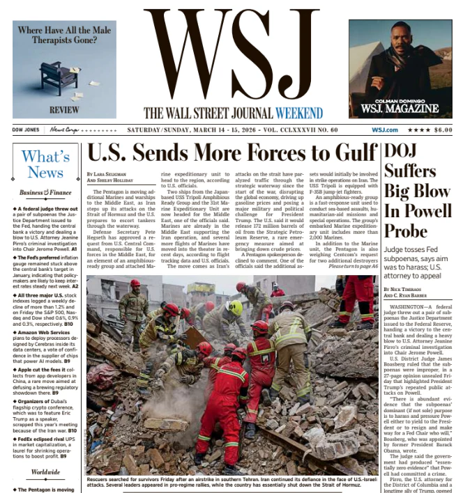 DOJ Suffers Big Blow In Powell Probe | The Wall Street Journal -- Sat./Sun., March 14/15, 2026