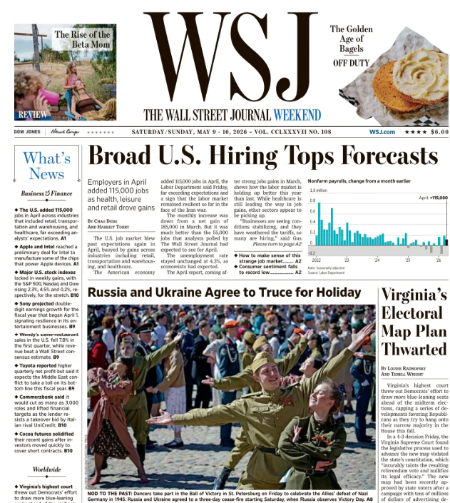 BroadU.S.Hiring Tops Forecasts | The Wall Street Journal -- Sat./Sun., May 09/10, 2026