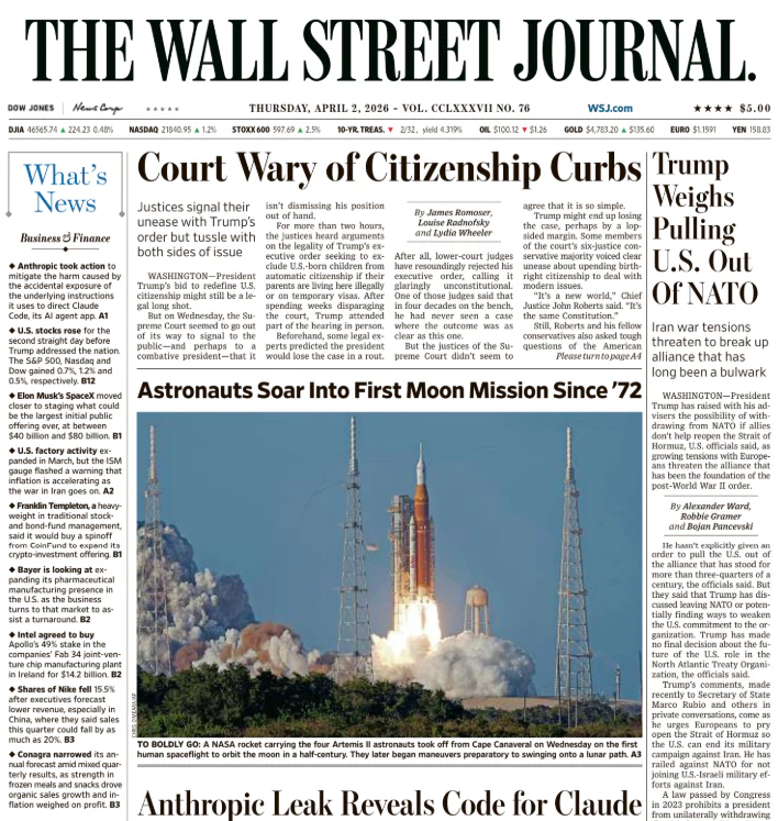 Trump Weighs Pulling U.S. Out Of NATO | The Wall Street Journal -- Thu., April 02, 2026