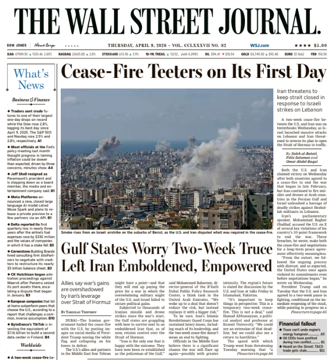 Cease-Fire Teeters on Its First Day | The Wall Street Journal -- Thu., April 09, 2026