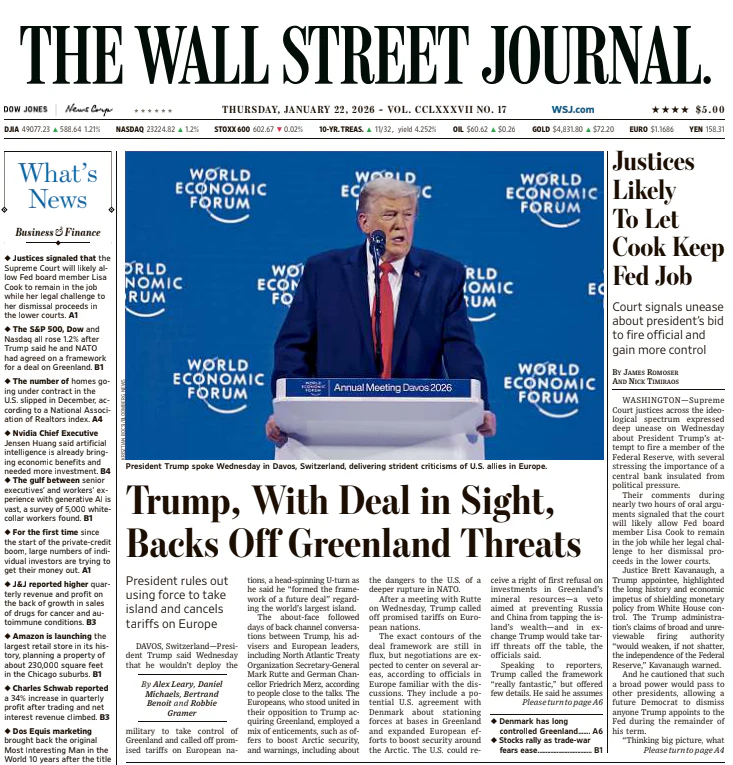 Justices Likely To Let Cook Keep Fed Job | The Wall Street Journal -- Thu., January 22, 2026