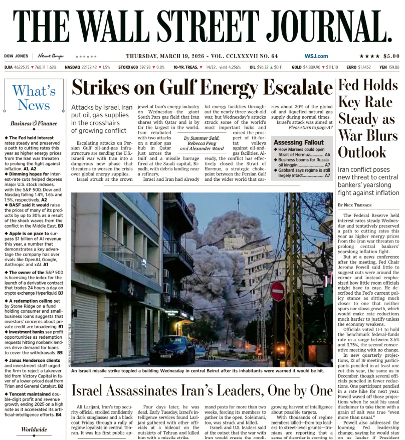Fed Holds Key Rate Steady as War Blurs Outlook | The Wall Street Journal -- Thu., March 19, 2026
