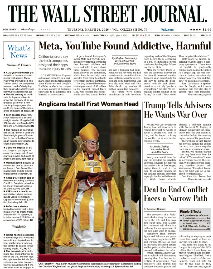 Meta, YouTube Found Addictive, Harmful | The Wall Street Journal -- Thu., March 26, 2026