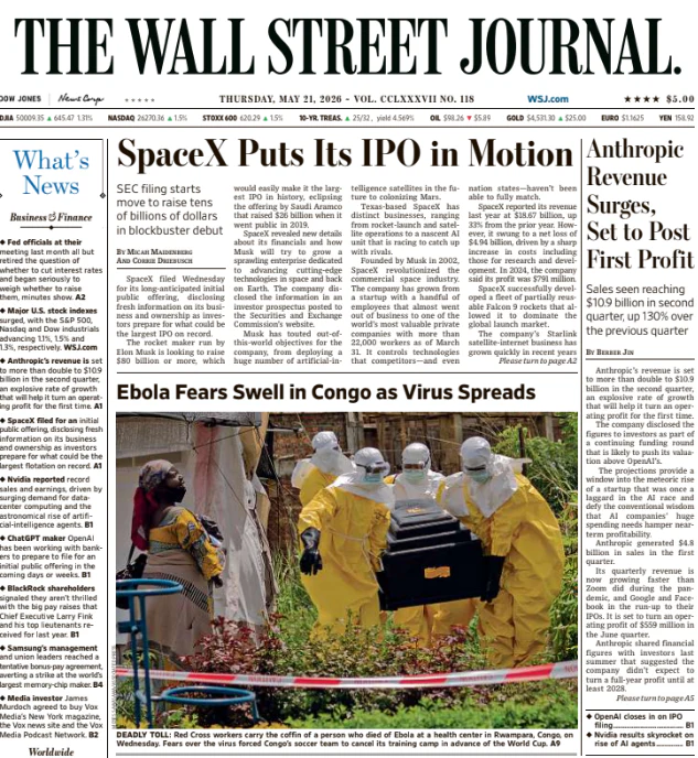 Anthropic Revenue Surges, Set to Post First Profit | The Wall Street Journal -- Thu., May 21, 2026