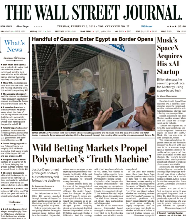 Musk’s SpaceX Acquires His xAI Startup | The Wall Street Journal -- Tue., February 03, 2026