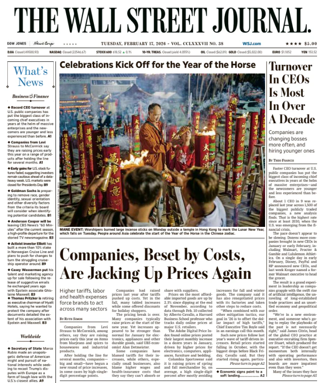 Turnover In CEOs Is Most In Over A Decade | The Wall Street Journal -- Tue., February 17, 2026