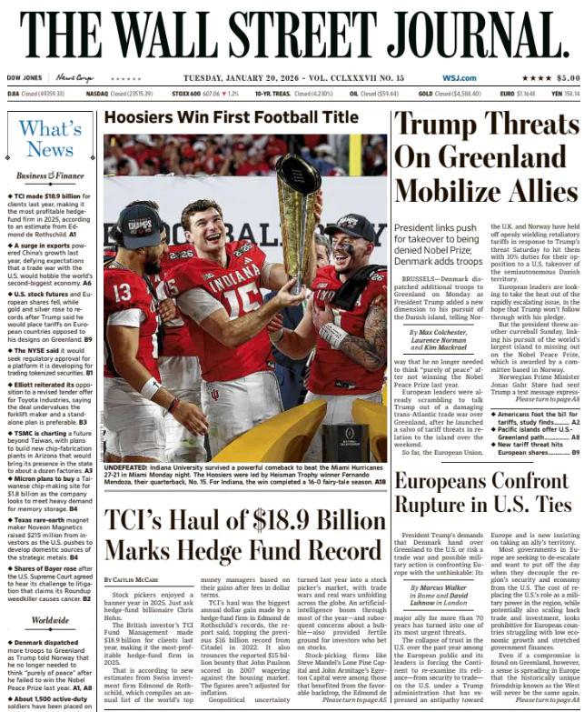 Trump Threats On Greenland Mobilize Allies | The Wall Street Journal -- Tue., January 20, 2026
