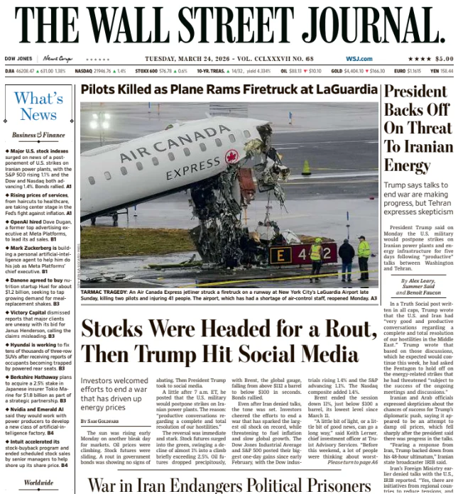 President Backs Off On Threat To Iranian Energy | The Wall Street Journal -- Tue., March 24, 2026
