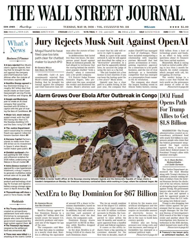 Jury Rejects Musk Suit Against OpenAI | The Wall Street Journal -- Tue., May 19, 2026