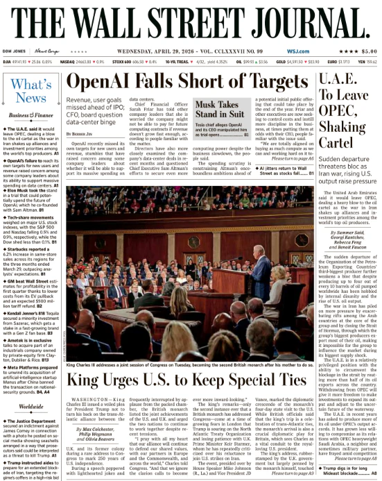 U.A.E. To Leave OPEC, Shaking Cartel | The Wall Street Journal -- Wed., April 29, 2026