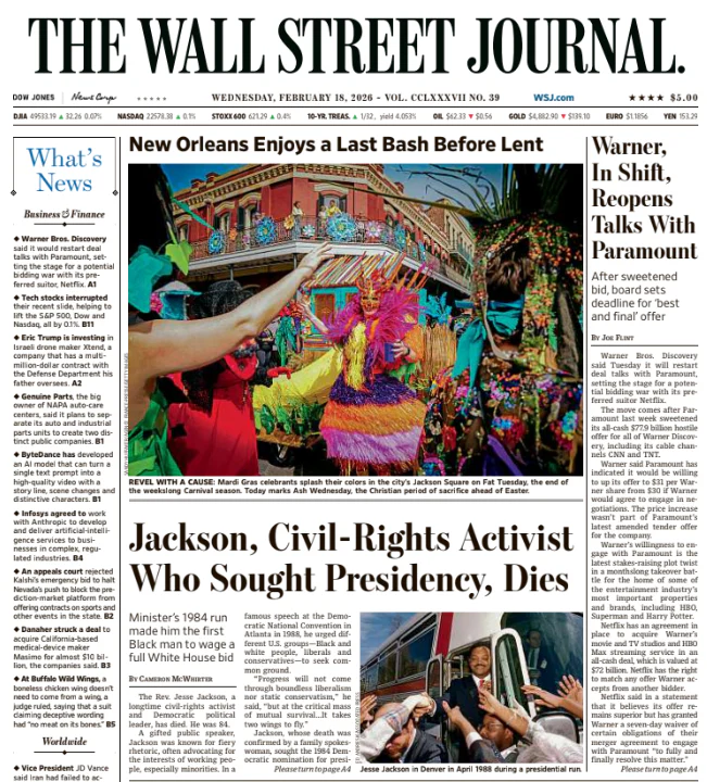 Warner, In Shift, Reopens Talks With Paramount | The Wall Street Journal -- Wed., February 18, 2026