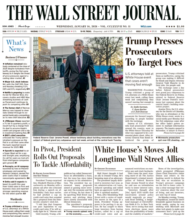 Trump Presses Prosecutors To Target Foes | The Wall Street Journal -- Wed., January 14, 2026