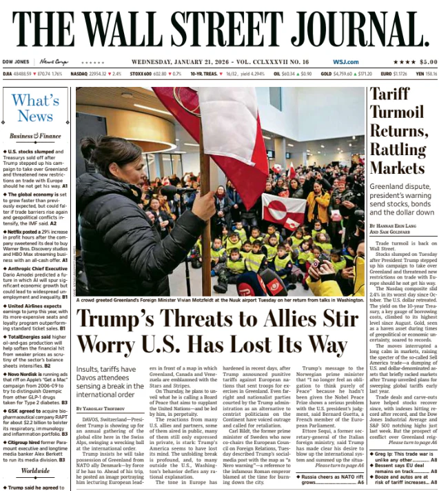 Tariff Turmoil Returns, Rattling Markets | The Wall Street Journal -- Wed., January 21, 2026
