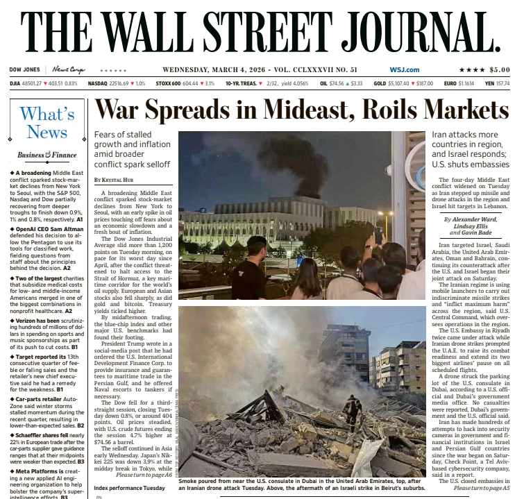 War Spreads in Mideast, Roils Markets | The Wall Street Journal -- Wed., March 04, 2026