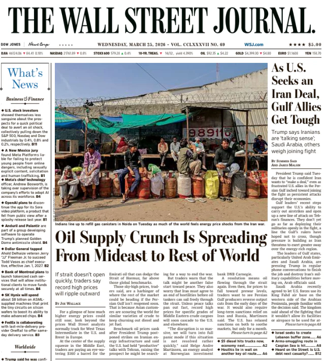 As U.S. Seeks an Iran Deal, Gulf Allies Get Tough | The Wall Street Journal -- Wed., March 25, 2026